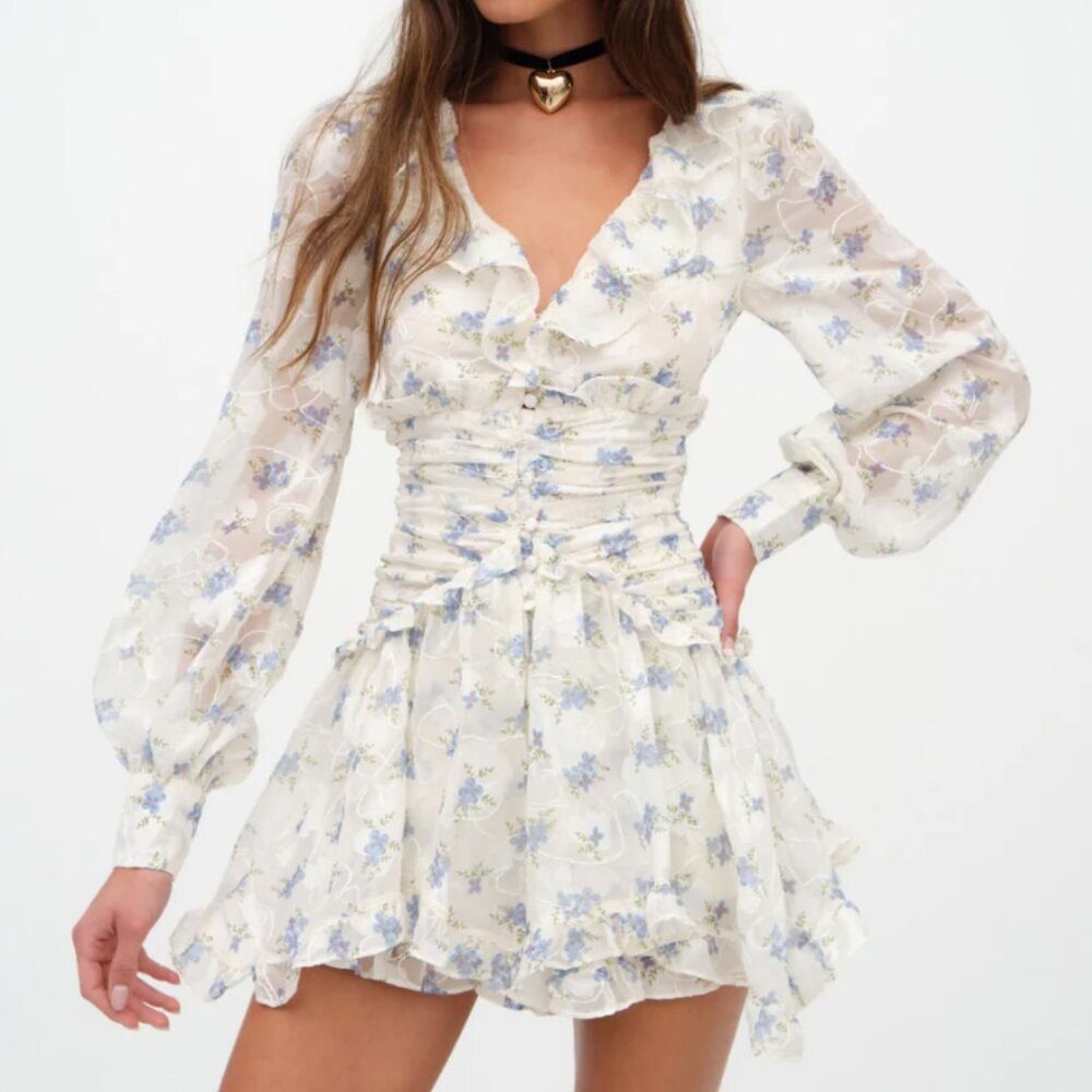 For Love & Lemons Jayleen Mini Dress White Blue Floral Long Sleeve Size XS